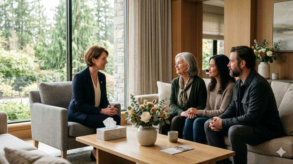 compassionate funeral director speaking to a family